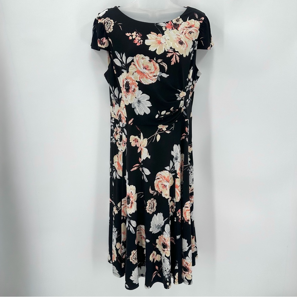 Studio One New York Dress Womens M Black Peach Floral Midi Classic Jersey Knit
